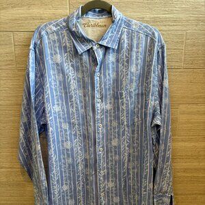 🩵Caribbean Men's Long Sleeve Blue Tropical Shirt Size L Resortwear